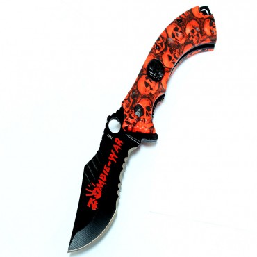 8 in. Red Zombie-War Spring Assisted Knife Skull Head Blade with Belt Clip