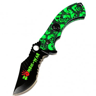 8 in. Zombie-War Skull Head Spring Assisted Knife with Belt Clip