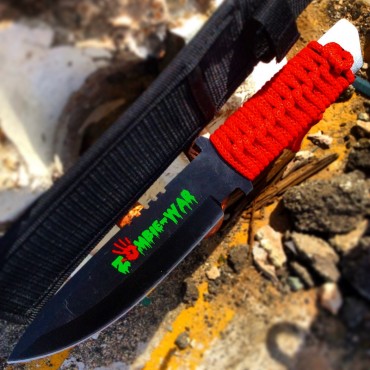 10.75 in. Zombie War Hunting Knife Red Cord Wrapped Handle with Sheath