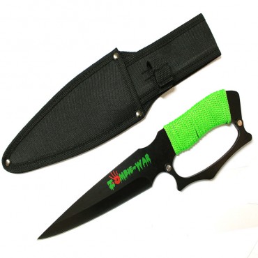 12 in. Zombie War Black Blade Hunting Knife Green Cord Wrapped Handle with Sheath