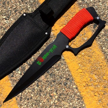 12 in. Zombie-War Hunting Knife Black Steel Red Cord Wrapped Handle with Sheath