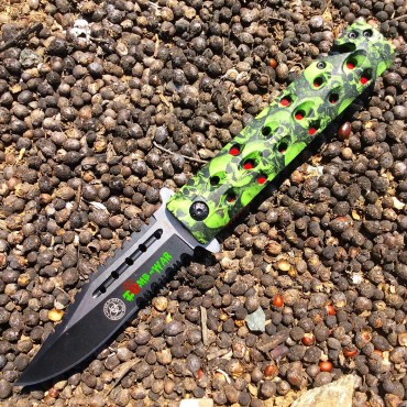 8.5 in. Zombie War Green & Black Skull Design Spring Assisted Knife with Belt Clip