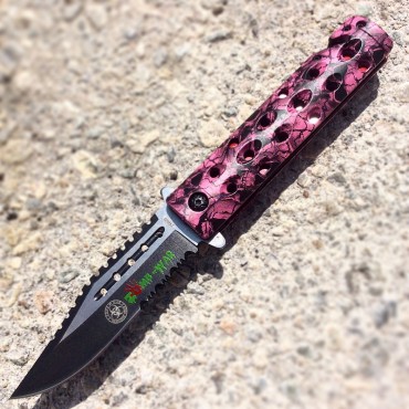 8.5 in. Zombie War Pink & Black Skull Design Spring Assisted Knife with Belt Clip