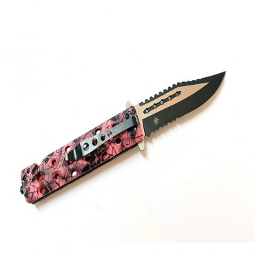 8.5 in. Zombie War Pink & Black Skull Design Spring Assisted Knife with Belt Clip