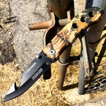 7 in. Defender Xtreme Gut Hook Black Blade & Desert Sand Camo Handle Design Spring Assisted Knife with Belt Clip