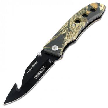 7 in. Defender Xtreme Gut Hook Black Blade & Desert Sand Camo Handle Design Spring Assisted Knife with Belt Clip