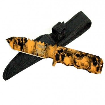 9 in. Defender-Xtreme Orange Skull Design Tactical Hunting Outdoor Knife with Sheath