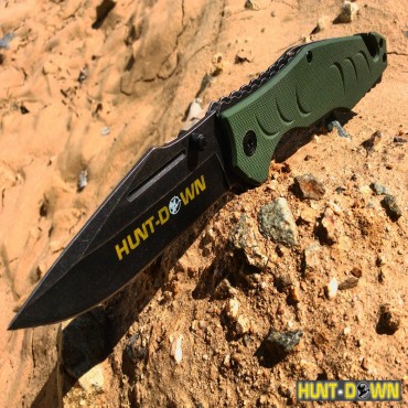 8 in. Hunt-Down Green Folding Spring Assisted Knife with Belt Clip