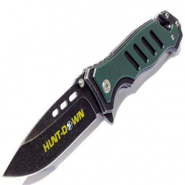 8 in. Hunt-down Spring Assisted Stone Wash Blade Green Handle with Clip & Belt Cutter