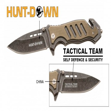 8" Hunt-down Brown Spring Assisted Stone Wash Blade with Clip & Belt Cutter