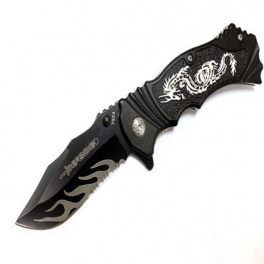 8 in. Defender Spring Assisted Knife with Serrated Stainless Steel Blade - Black