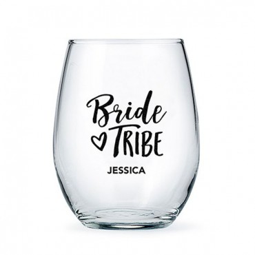 Personalized Stemless Wine Glass - Bride Tribe Print