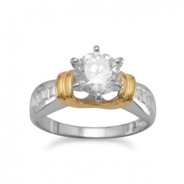 5mm Round CZ and Baguette Silver/14K Gold Plated Ring