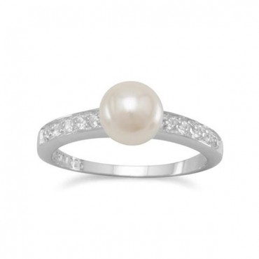  Rhodium Plated CZ and Simulated Pearl Ring