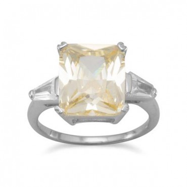 Rhodium Plated Yellow CZ Ring with Baguettes