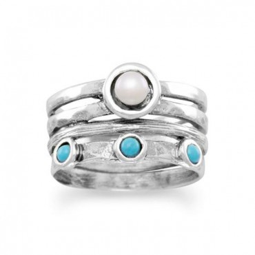 Oxidized Cultured Freshwater Pearl and Reconstituted Turquoise Ring