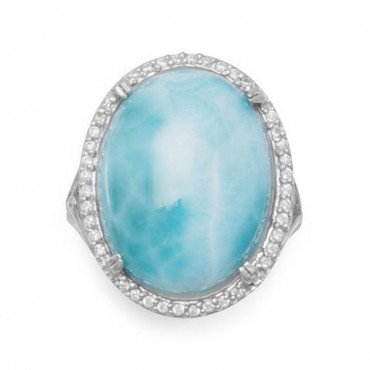 Large Rhodium Plated Oval Larimar and CZ Ring