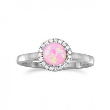 Rhodium Plated Synthetic Pink Opal and CZ Ring