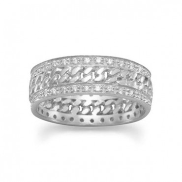 Rhodium Plated Curb Link Ring with CZs
