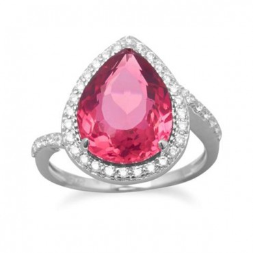 Rhodium Plated Red Pear Glass Ring with CZ Edge