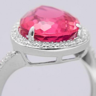 Rhodium Plated Red Pear Glass Ring with CZ Edge