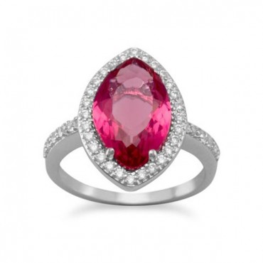  Rhodium Plated Marquise Red Glass Ring with CZ Edge