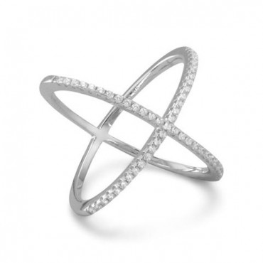 Rhodium Plated Criss Cross X Ring with Signity CZs