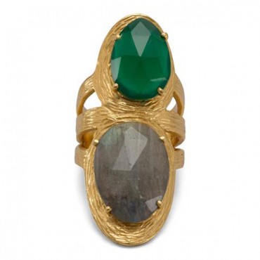 Beautiful 14 Karat Gold Plated Ring with Labradorite and Green Onyx