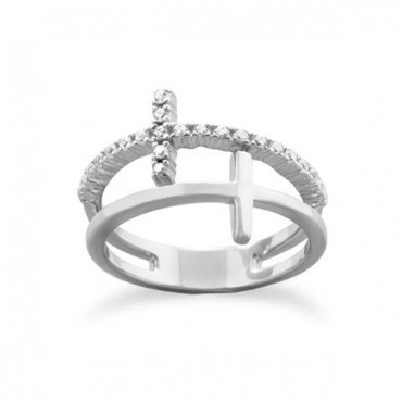 Rhodium Plated Double Cross Ring