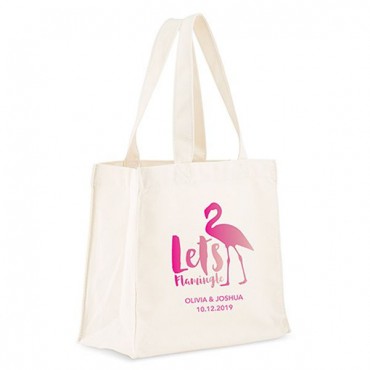 Personalized White Cotton Canvas Tote Bag - Let's Flamingle