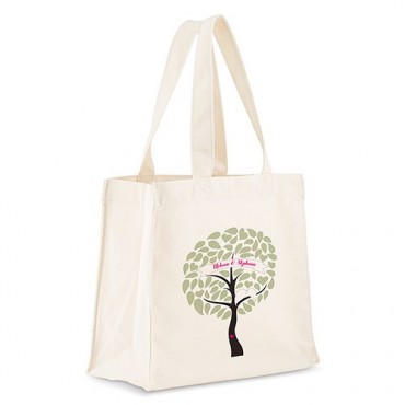 Personalized White Cotton Canvas Tote Bag - Love Bird Tree