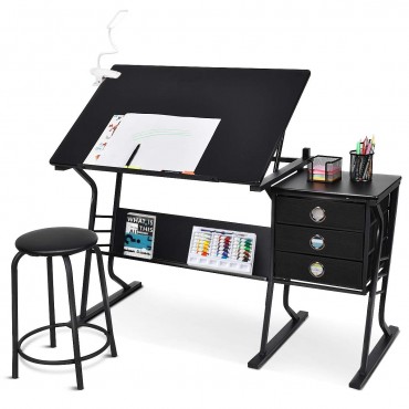 Black Adjustable Drafting Table W / Stool And Side Drawers