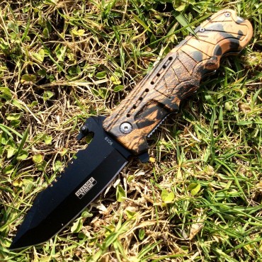 9 in. Spring Assisted Light Brown Woodland camo Handle Knife with Bottle Opener