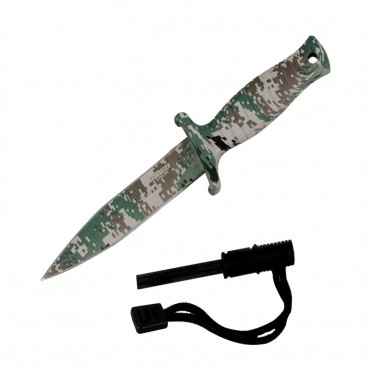 7 in. Defender Xtreme Woodland Camo Mini Hunting Knife Stainless Steel Blade with Fire Starter