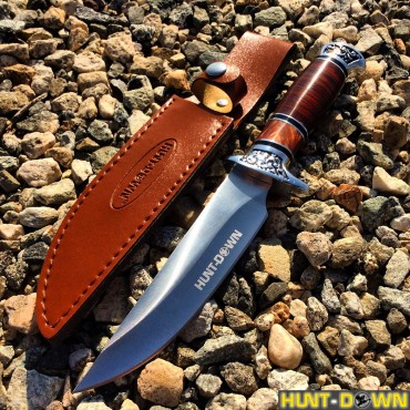 12 in. Hunt-Down Fixed Blade Brown and Chrome Knife with Sheath