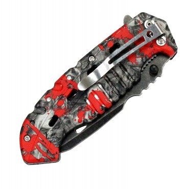 8 in. Defender Xtreme Serrated Spring Assisted Knife Red Zombie Handle with Belt Clip