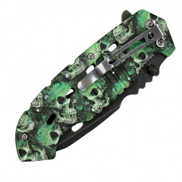 8 in. Defender Xtreme Serrated Spring Assisted Knife Green Skull Handle with Belt Clip