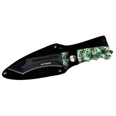 9.5 in. Hunt-Down Serrated Full-Tang Blade Hunting Knife with Green Skull Handle