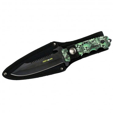9.5 in. Hunt-Down Full-Tang Blade Hunting Knife with Green Skull Handle