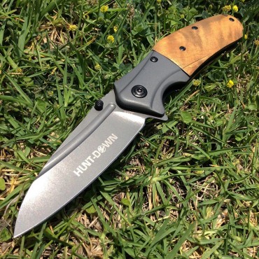 9 in. Hunt-Down Spring Assisted Light Brown Wood Handle Knife with Belt Clip
