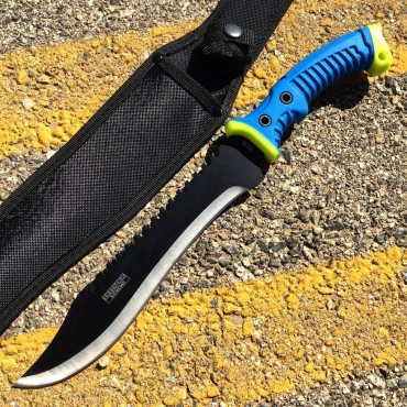16 in. Defender Xtreme Full Tang Hunting Knife with Blue/Neon Green Rubber Handle