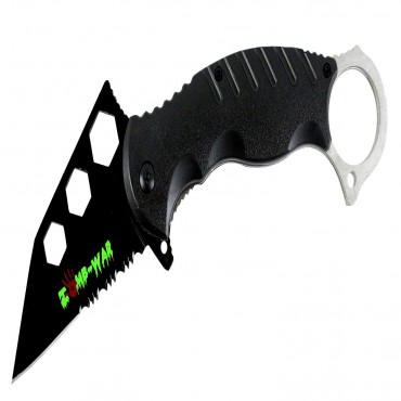 7.5 in. Zomb War Spring Assisted Tanto Bladed Knife Black Handle design Fore Finger Grip