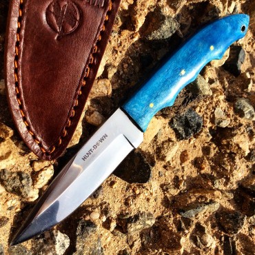 8 in. Huntdown Full Tang Hunting Knife with Blue Handle and Leather Sheath