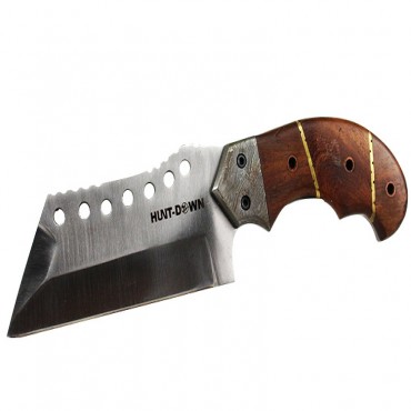 9 in. Huntdown Full Tang Hunting Knife with Brown Wood Handle and Leather Sheath