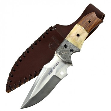 Hunt Down 9.5 in. Bone Handle Demascus Bolster Stainless Steel Hunting Knife With Leather Sheath