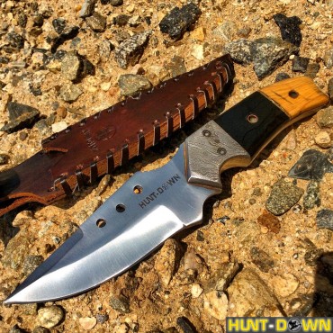 9 in. Huntdown Full Tang Drop Pointed Hunting Knife with Decorative Handle and Leather Sheath
