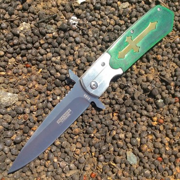 9.5 in. Defender Xtreme Spring Assisted Folding Knife Green Cross Handle