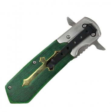 9.5 in. Defender Xtreme Spring Assisted Folding Knife Green Cross Handle