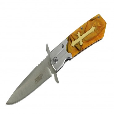 9 in. Defender Xtreme Spring Assisted Knife with Amber Cross Handle