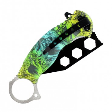 7.5 in. Zomb War Spring Assisted Tanto Knife Teal Ocean Camo Handle Fore Finger Grip